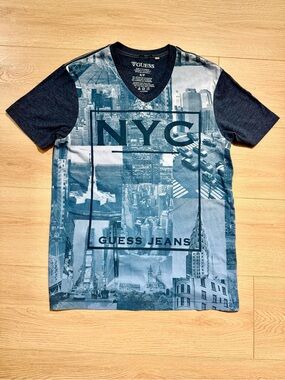 Guess Blue and Navy NYC Graphic V-Neck Shirt